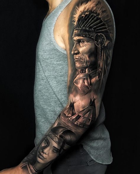 70 Native American Tattoo Designs | Art and Design Indian Tattoos For Men, Red Indian Tattoo, Indian Chief Tattoo, Native Indian Tattoos, Native American Tattoo Designs, Indian Tattoo Design, Tato Tradisional, Catrina Tattoo, Native American Tattoo