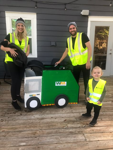 Garbage truck for Halloween made to attach to a stroller. Family Garbage Truck Costume, Trash Truck Halloween Costume Wagon, Trash Truck Family Costume, Garbage Truck Wagon, Diy Stroller, Toddler Garbage Man Costume, Garbage Truck Wagon Costume, Diy Garbage Truck Costume, Garbage Truck Dramatic Play