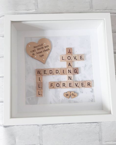 Personalised Wedding Scrabble Frame Scrabble Letter Crafts, Personalized Wedding Frames, Scrabble Frame, Scrabble Art, Wedding Frame, White Box Frame, Photo Frame Gift, St Anne, Letter A Crafts