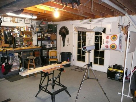 archery work bench/area Archery Work Bench, Archery Shop Ideas, Home Archery Shop, At Home Archery Range, Archery Room, Archery Shop, Bench Area, Archery Tips, Archery Range