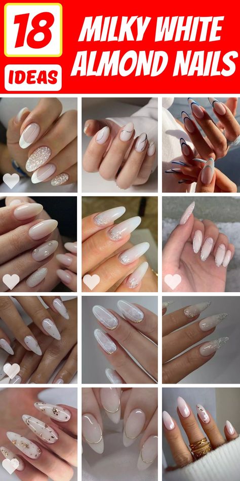 Elevate your nail game with these milky white almond nails, expertly shaped and polished to perfection. Find inspiration in designs ranging from French acrylics with delicate heart details to dazzling Christmas-ready glitter. This guide offers a range of simple to intricate styles suited for short to long nails, capturing true elegance. White Holiday Nails Almond, Almond Nails White And Gold, Light White Nails, Almond Nails Designs White, White Tip Almond Nails, White Clear Nails, White Almond Shaped Nails, White Almond Nail Designs, Milky White Nails With Design