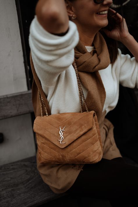 Tan Ysl Bag Outfit, Ysl Bag Suede, Suede Ysl Bag, Fall Designer Bags, Yves St Laurent Bag, Ysl Suede Bag, Caramel Bag Outfit, Ysl Look, Ysl Loulou Bag Outfit