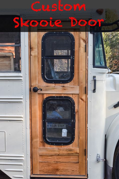 Rather than keep the old school bus door or buy one, we made our own! #skoolie #skoolie conversion #skooliedoor Bus Door Conversion, Skoolie Door Ideas, Bus Seats Repurposed, Skoolie Door, Skoolie Life, Bus Build, Skoolie Conversion, School Bus Tiny House, School Bus Camper