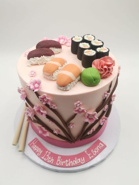 Japanese Cake Design, Sushi Birthday Cake, Sushi Cakes, Cherry Blossom Party, Sushi Style, Sushi Cake, Japanese Cake, Baked Oatmeal Cups, Oatmeal Cups