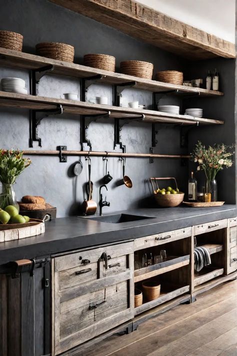 Industrial Farmhouse Kitchen, Industrial Chic Kitchen, Rustic Industrial Kitchen, Reclaimed Wood Cabinet, Rustic Cabinet, Cabinets Makeover, Rustic Kitchen Cabinets, Rustic Cabinets, Modern Rustic Decor