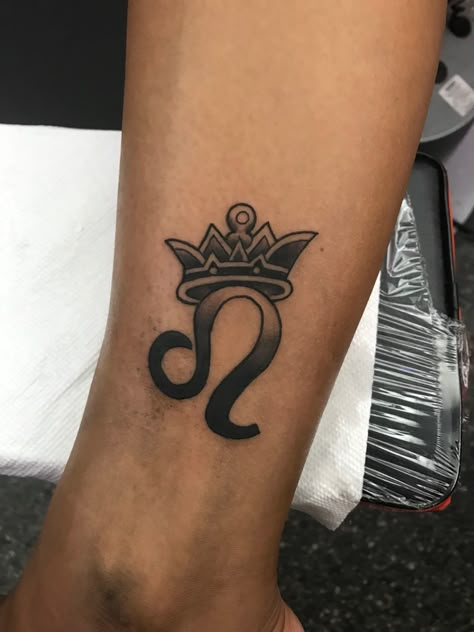 Leo sign with crown tattoo Leo Crown Tattoo, Leo With Crown Tattoo, Leo Zodiac Tattoos For Guys, Leo Zodiac Sign Tattoos, Leo Sign Tattoo Ideas, Leo Tattoo For Men, Leo Tattoo Ideas, Leo Tattoo For Women, Leo Tattoo