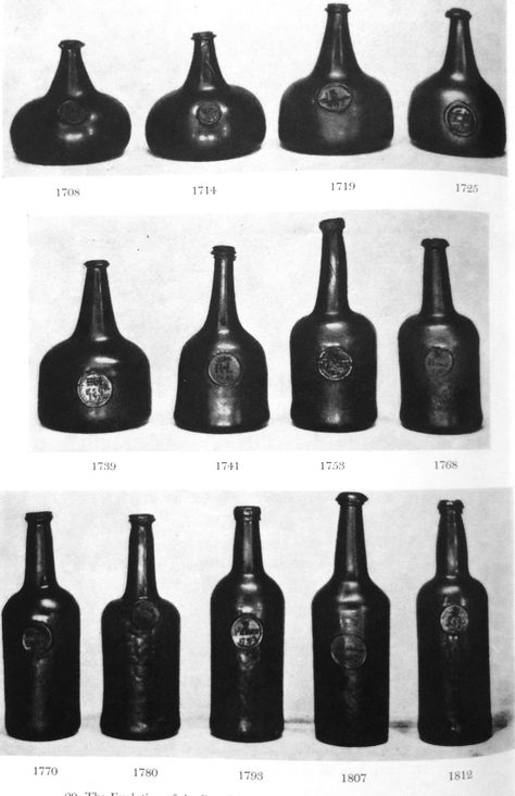 The bottles closest to the time period are from 1741 and 1753. Vintage Bottles Decor, Antique Liquor Bottles, Antique Wine Bottles, Vintage Wine Bottle, Old Glass Bottles, Antique Glass Bottles, Glass Museum, Alcohol Bottles, Wine Art