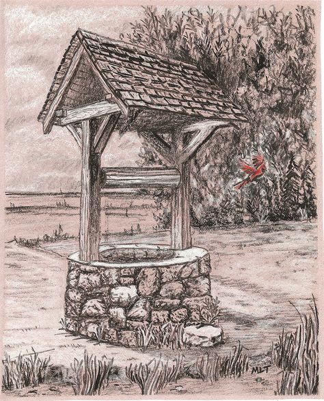 Wishing Well Drawing Sketch, Village Well Drawing, Well Tattoo Wishing, Water Well Drawing, Wishing Well Drawing, Wishing Well Tattoo, Wishing Well Art, Well Sketch, Well Illustration