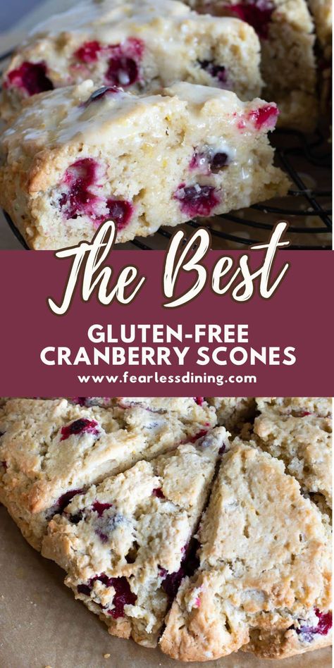 These gluten-free cranberry scones with homemade orange icing are full of incredible fall flavors. They have the perfect texture, and nobody will know these gluten free cranberry orange scones are gluten free. Use fresh or frozen cranberries. Gluten Free Dairy Free Scones Recipe, Almond Flour Cranberry Scones, Gluten Free Orange Cranberry Scones, Grain Free Scones, Cranberry Orange Muffins Gluten Free, Gluten Free Cranberry Scones, Cranberry Gluten Free Recipes, Holiday Gluten Free Desserts, Gluten Free Cranberry Orange Scones