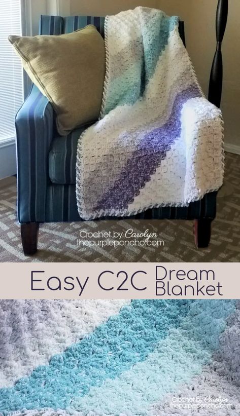 Easy C2C Dream Blanket - Free Crochet Pattern - The Purple Poncho Corner To Corner Blanket Crochet Pattern Free, C2c Afghan Pattern Free, C2c Afghan Pattern, Rectangle C2c Crochet Blanket, C2c Crochet Throw Blanket, Fast Crochet Blanket Pattern Free, C2c Crochet Blanket Pattern, C2c Crochet Blanket Pattern Free, Crochet C2c Blanket