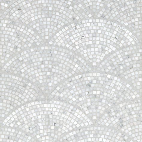 Perini Tiles, White Marble Mosaic, Tiles Showroom, Flooring Texture, Mosaic Tile Designs, Porch Floor, Usa Decor, Fish Scale Pattern, Fan Pattern