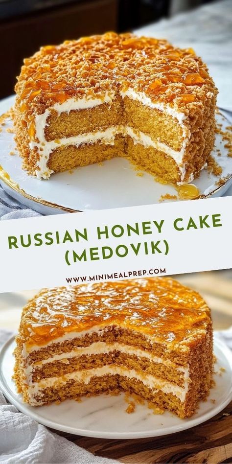 Rich in flavor and history, this Russian honey cake features soft, spongy layers of honey-sweetened cake paired with a light, creamy filling—making it a beloved dessert in every bite. Honey Flavored Cake, Honey Sweetened Cake, Russian Dessert Recipes, Desserts With Honey, Honey Recipes Dessert, Nougat Cake, Jewish Desserts, Culinary Arts Recipes, Russian Honey Cake