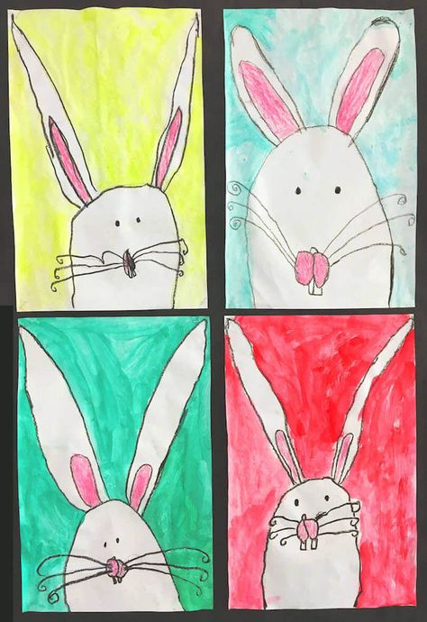 Bunnies by a 1st Grade Class Sun And Moon Paintings, Directed Drawing Kindergarten, Moon Paintings, Bunny Art Projects, Easter Art Project, Grade 1 Art, Easter Kindergarten, Canada Geese, Spring Art Projects