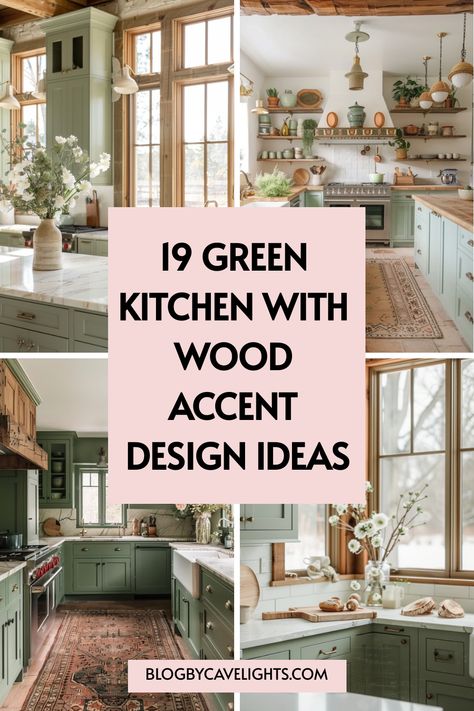 Discover the charm of green kitchen designs with warm wood accents! From cozy green kitchen cabinets to inviting green kitchen walls, this article unveils 19 stunning ideas to transform your kitchen into a natural oasis 🌿✨ Click to explore more and find your perfect kitchen design inspiration! Green Cabinets White Backsplash, Green Kitchen Wood Island, Green Island Wood Cabinets, Two Tone Kitchen Cabinets Green And Cream, Kitchen Backsplash Ideas With Green Cabinets, Kitchens With Green Backsplash, Olive Green Kitchen Ideas, Green Kitchen Island Wood Cabinets, Olive Green And Wood Kitchen