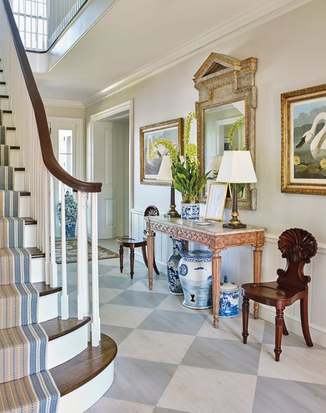 Center Hall Colonial Entryway, Colonial Entryway, Entry Interior Design, Entry Hall Decor, Extension House, Southern Home Magazine, Checkerboard Floors, Center Hall Colonial, Painted Wood Floors