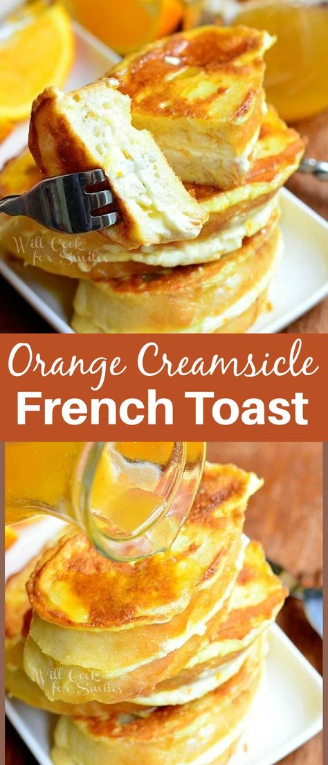 This is an amazing breakfast! Orange Creamsicle French Toast is a beautiful breakfast of French toast stuffed with orange kissed cream cheese and topped with warm orange maple syrup! French Toast Recipe Flavors, Orange Breakfast Recipes, Orange French Toast Casserole, Orange French Toast Recipe, Orange French Toast, French Toast Stuffed, Stuffed French Toast Cream Cheese, Stuffed French Toast, Beautiful Breakfast