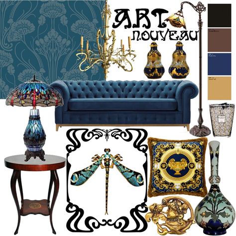 Art Nouveau Style Interior Design, Art Nouveau Living Room Interior Design, Art Nouveau Decor Interior Design, Interior Design Moodboard Concept Board, Living Room Moodboard Interior Design, Art Noveau Interiores, Victorian Mood Board, Art Nouveau Mood Board, Art Nouveau Interior Design