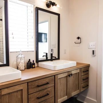 Vanity With Sink On Top, Bathrooms With Vessel Sinks, Bathroom Vanity With Bowl Sink On Top, Bathroom Vanity Vessel Sink Ideas, Bathroom Wood Vanity Top, Wood Countertop Bathroom Vanity, Double Vessel Sink Bathroom Vanity, Wood Bathroom Vanity Top, Bathroom Vanity Wood Countertop