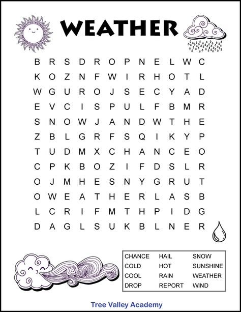 Free printable easy weather word search for kids. This beginner level puzzle is ideal for students in 1st or 2nd grade. 12 hidden words for kids to find.  Also a fun coloring activity as there are several weather pictures for kids to color. Pdf includes answers. Free Printable Worksheets For 2nd Grade, Fun Worksheets For 2nd Grade, Find A Word Free Printable, Word Search For 2nd Grade, Weather Word Search Free Printable, Weather 1st Grade, 1st Grade Word Search, Word Search Grade 2, 2nd Grade Printables Free Worksheets