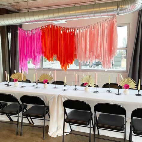 Ceiling Fringe Garland, Fringe Ceiling Decor, Marriage Conference Decor, Fringe Backdrop With Balloons, Pink And Orange Graduation Party, Orange Grad Party, Ceiling Decorations For Party, Ceiling Fringe, Orange Graduation Party