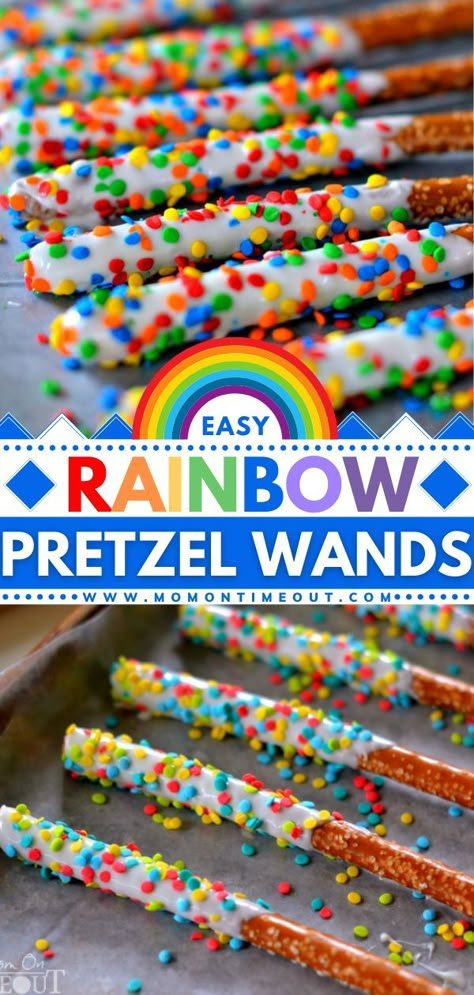 Pretzel Wands, Rainbow Party Food, Childrens Party Food, St Patrick's Day Treats, Rainbow Snacks, Theme Snack, Rainbow Themed Birthday Party, Rainbow Treats, Rainbow Party Decorations