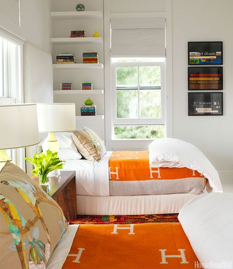 Don't care for the Hermes blankets, but I do like the simple shelving by the window. And, I do like the orange for one of the boys. Hermes Blanket, Hermes Home, Transitional Bedroom, How To Dress A Bed, Elle Decor, Guest Bedroom, Bedroom Inspirations, Bedroom Design, Home Accessories