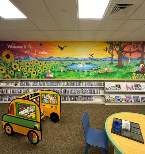 Swipe through to see all the details hidden in the @somerspubliclibrary memorial mural for Carol Palomba! 🌻 Which detail is YOUR favorite? The character on the last slide is the one most people said was their favorite! Is it yours, too? 🤔 While painting it, many people got a kick out of the squirrel reading a book in the tree! 😜 The story is that he stole one of the books from the boy’s book stack underneath! 📚 I have never been called on to fit in so many details before. It was a real... Book Character Mural, Book Stack, Reading A Book, Stack Of Books, School Library, The Boy, Book Characters, The Tree, The Details