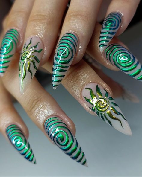 Trippy French Tip Nails, Simple Hippie Nails, Princess Mononoke Nails, Electric Forest Nails, Chrome Art Nails, White Acrylic Designs, Cool Gel Nail Designs, Funky Gel Nails, Optical Illusion Nails