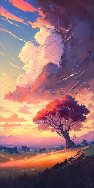 A painting of a tree and a cloudy sky | Premium Photo #Freepik #photo #dusk #scenery #twilight #atmosphere Stormy Weather Illustration, Sky Painting Ideas, Clouds Artwork, Cloudy Sky Painting, Dusk Painting, Painting Of A Tree, Twilight Painting, Fantasy Sky, Cloud Artwork