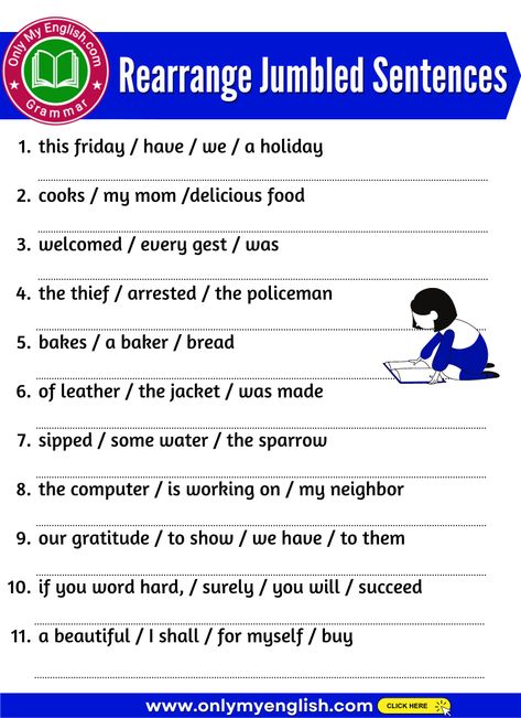 20 Rearrange Jumbled Sentences with Answers Answering In Complete Sentences, Jumbled Sentences Worksheets, Common App Essay, Jumbled Words, Sentence Scramble, Teach English To Kids, English Grammar For Kids, Meaningful Sentences, English Worksheets For Kindergarten