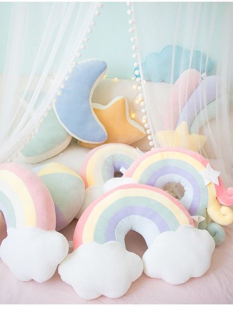 Girls Rainbow Bedroom, Rainbow Room Decor, Rainbow Girls Room, Zimmer Diy, Rainbow Bedroom, Unicorn Bedroom, Fluffy Cushions, Rainbow Pillow, Cloud Cushion