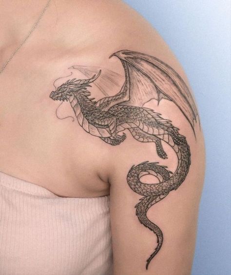 Dragon Tattoo With Wings, Dragon Tattoo Shoulder, Black Dragon Tattoo, Celtic Dragon Tattoos, Taboo Tattoo, Dragon Tattoo Art, Feminine Tattoo Sleeves, Tattoo Dragon, Dragon Tattoo For Women