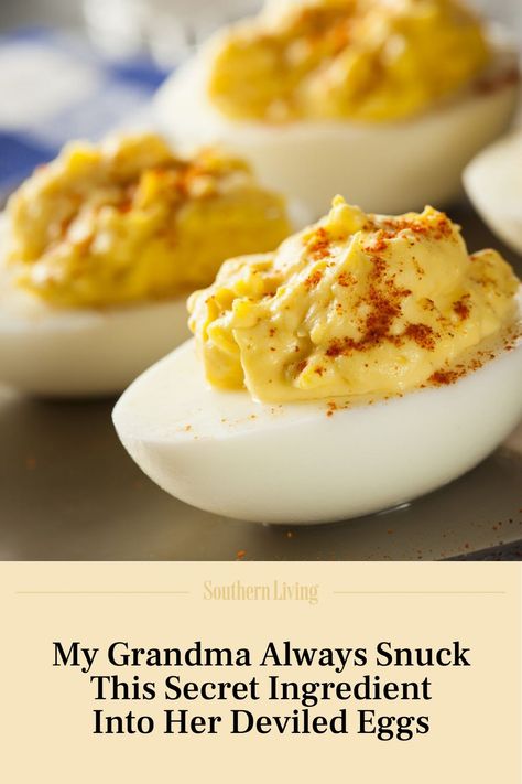 Every Southern family has their own "secret sauce," the recipes we grew up eating that no one else is allowed to know. Deviled eggs are no exception. This author's grandmother had one special trick to deviled eggs that made guests swoon. #deviledeggs #secretingredient #southernrecipes #southernclassics #appetizers Deviled Eggs With Apple Cider Vinegar, Grandmas Deviled Eggs Recipe, Old Fashioned Deviled Eggs Recipe, Joanna Gaines Deviled Eggs, What To Serve With Deviled Eggs, Deviled Eggs With Butter, Dressed Eggs Recipe, Deviled Eggs Miracle Whip, Award Winning Deviled Eggs