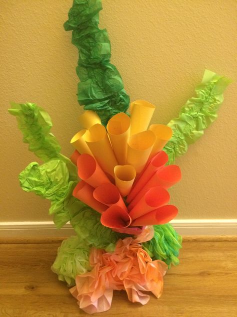 Seaweed-Tissue paper, duct tape and wire hanger. Paper cones on a stick, coral- dyed coffee filters and bath sponges Ocean Animals Classroom Decor, Crepe Paper Coral Reef, Preschool Coral Reef, Seaweed Craft, Paper Seaweed, Coral Diy, Zoomerang Vbs, Paper Coral, Diy Coral