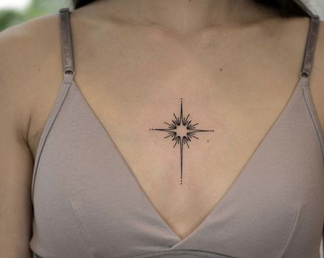 Star Chest Tattoo, Sara Tattoo, 4 Point Star, Small Chest Tattoos, On Tattoo, Throat Tattoo, Handpoke Tattoo, Chest Tattoos, Chest Tattoos For Women