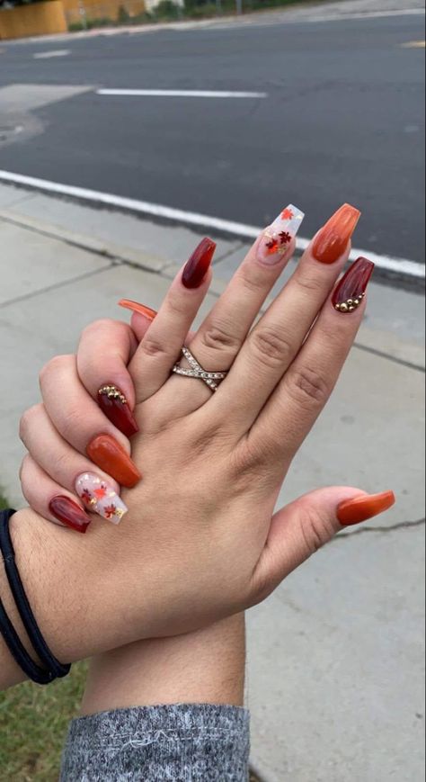 November Nails Fall Design, Fall Nail Designs Ballerina, Fall Coffin Shape Nails, Medium Coffin Fall Nails, Orange October Nails, Fall Nails Ballerina Shape, Ballerina Nails Fall, Fall Medium Nails, Autumn Coffin Nails