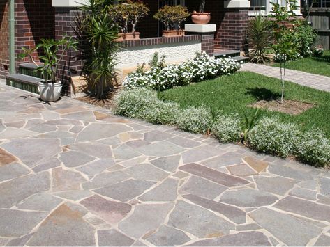 Eco Outdoor porphyry crazy paving driveway. Eco Outdoor | Growing Rooms | porphyry crazy paving | livelifeoutdoors | Outdoor Design | Natural stone flooring | Garden design | Outdoor paving | Outdoor design inspiration | Outdoor style | Outdoor ideas | Luxury homes | Paving ideas | Garden ideas | Natural stone paving | Floor tiles | Outdoor tiles | Courtyard design | Stone path | Driveway Natural Stone Flooring Outdoor, Stone Floor Outdoor, Stone Outdoor Flooring, Crazy Pavers, Paving Driveway, Circle Driveway, Gravel Walkway, Eco Outdoor, Tiles Outdoor