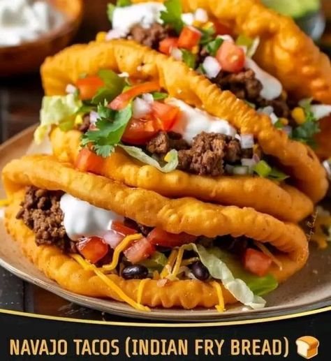 All Grandm'a Recipes | 🌮🍞 Navajo Tacos (Indian Fry Bread) 🍞🌮 | Facebook Fry Bread Tacos, Indian Fry Bread, Navajo Tacos, Indian Tacos, Fried Bread Recipe, State Fair Food, Frozen Bread Dough, Fry Bread, Caesars Palace