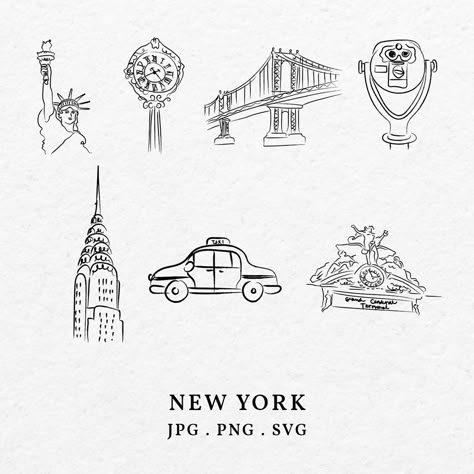 New York City Doodles, Nyc Flash Tattoo, New York Icons Aesthetic, New York Sketches, New York Stamp Tattoo, New York City Tattoo Ideas, New York Doodles, Nyc Doodles, New York Symbols