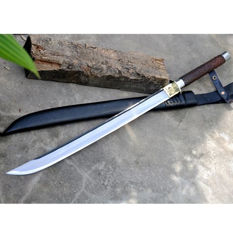 -Hand forge in Nepal in Traditional way of forging  -Based on Historical Japanese Samurai  -25 inches long Blade of of carbon steel with Balance water tempered on the edge-Semi polished. -7 inches Full tang Handle made of Rosewood. -Sheath included. -Free Personalization (Name, logo or Text Engraving) Real Steel, Celtic Knots, Cool Swords, Wood Cover, Samurai Swords, Cool Knives, Fantasy Armor, Handmade Knives, Leaf Spring