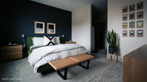 Buffalo Apartment Primary Bedroom — becki and chris Black And White Sheets, Modern Office Home, Vancouver Apartment, Nelson Bench, Mid Century Modern Sideboard, Ikea Wall, Dark Grey Walls, Industrial Apartment, Running Out Of Time