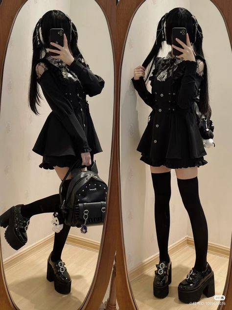 Dark Girly Fashion, Jirai Kei Winter, Jirai Kei Outfits Casual, Menhara Fashion, Casual Jirai Kei, Dark Girly Kei, Subculture Jirai, Goth Lolli Style, Jirai Kei Outfit Ideas