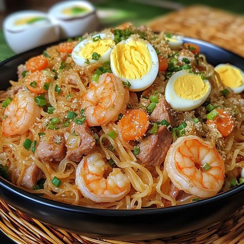 Pancit Malabon, Instagram Recipes, Noodle Dish, Trending Recipes, Anime Food, Minced Onion, Noodle Dishes, Hard Boiled, Fish Sauce