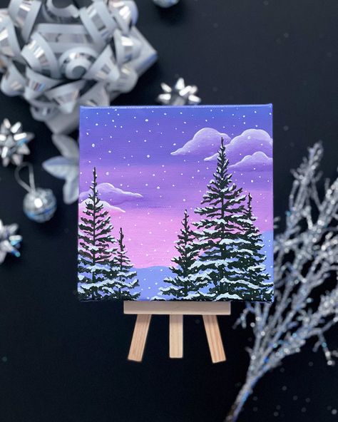 Evening Acrylic Painting, Acrylic Paint Mini Canvas, Mini Winter Paintings, Easy Snow Painting, Winter Acrylic Paintings Easy, Christmas Mini Paintings, Small Christmas Paintings, Easy Winter Paintings, Winter Canvas Painting Ideas