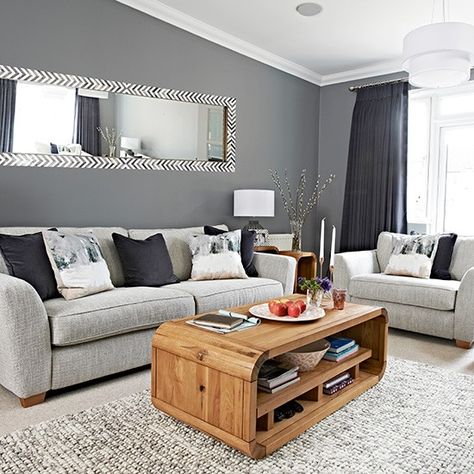 A dynamic mirror as wide as your sofa will add so much depth and reflected light to a chic grey living room. Livng Room, Flat Furniture, Grey Walls Living Room, Grey Living Room, Grey Sofa, Casa Country, Living Room Color Schemes, Trendy Living Rooms, Living Room Diy