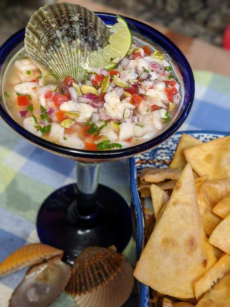 As you may have noticed, we love ceviche in the summer time. This recipe uses fresh caught bay scallops for the perfect mid-day treat while out on the boat diving for more scallops. #harvestingnatu… Civeche Recipe, Tropical Salad Recipes, Scallop Ceviche Recipe, Bay Scallop Recipes, Scallops Salad, Scallop Ceviche, Bay Scallops, Fresh Scallops, Ceviche Recipe