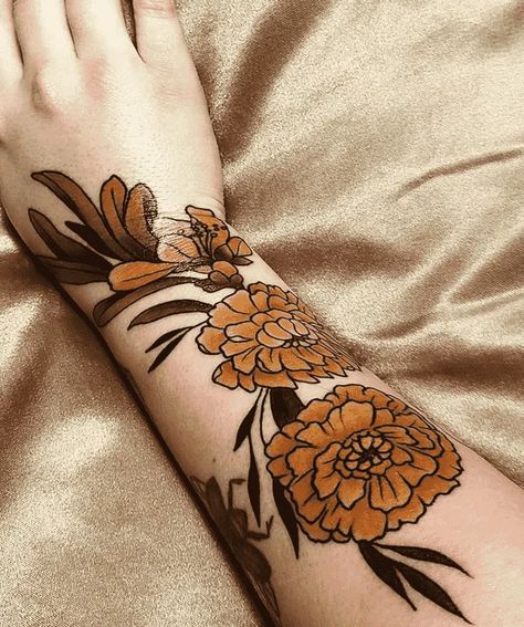 Hummingbird And Marigold Tattoo, Marigold Petals Tattoo, Marigold Hand Tattoo, Marigold Sleeve Tattoo, Marigold Flower Tattoo Traditional, Marigold Wrist Tattoo, Marigold Tattoo Traditional, Marigold Tattoo Black And White, Traditional Marigold Tattoo