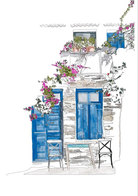 Greece Journal, Greek Illustration, Greece Illustration, Greece Drawing, Greek Home, Greek Flowers, Greece Art, Building Sketch, Painting Reference