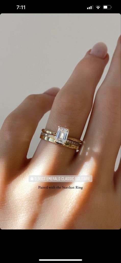 Engagement Rings With Solid Wedding Band, Rectangle Engagement Ring With Thick Wedding Band, Rectangleengagement Ring, Emerald Cut Wedding Ring And Band, Fun Bride Reception Dress, Timeless Engagement Rings Emerald, Wedding Ring Stack Radiant, Wedding Bands With Rectangle Diamonds, Simple Wedding Bands With Engagement Ring