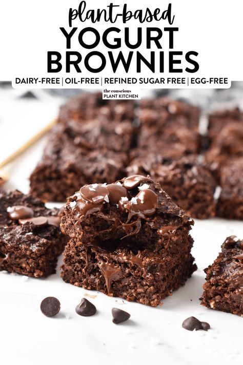 Yogurt Brownies Easy Oil Free Vegan Dessert, Wfpb Brownies, Flourless Chickpea Brownies, Whole Food Plant Based Brownies, Vegan Yogurt Recipe, Healthy Fudgy Brownies, Greek Yogurt Brownies, Vegan Greek Yogurt, Brownie Desserts Recipes